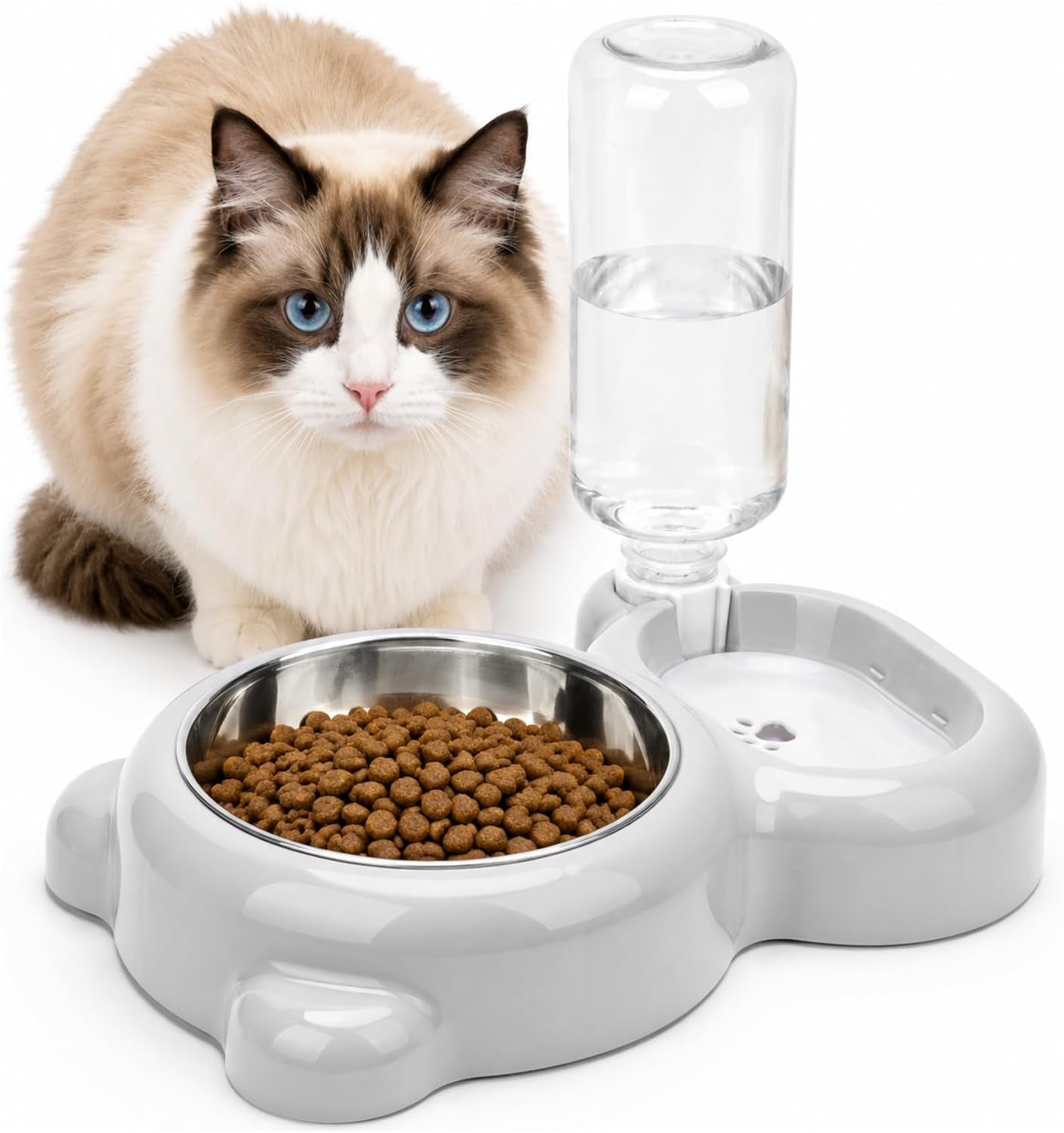 2 in 1 Dog Cat Food and Water Bowl Set with Auto-Water Dispenser, Blue