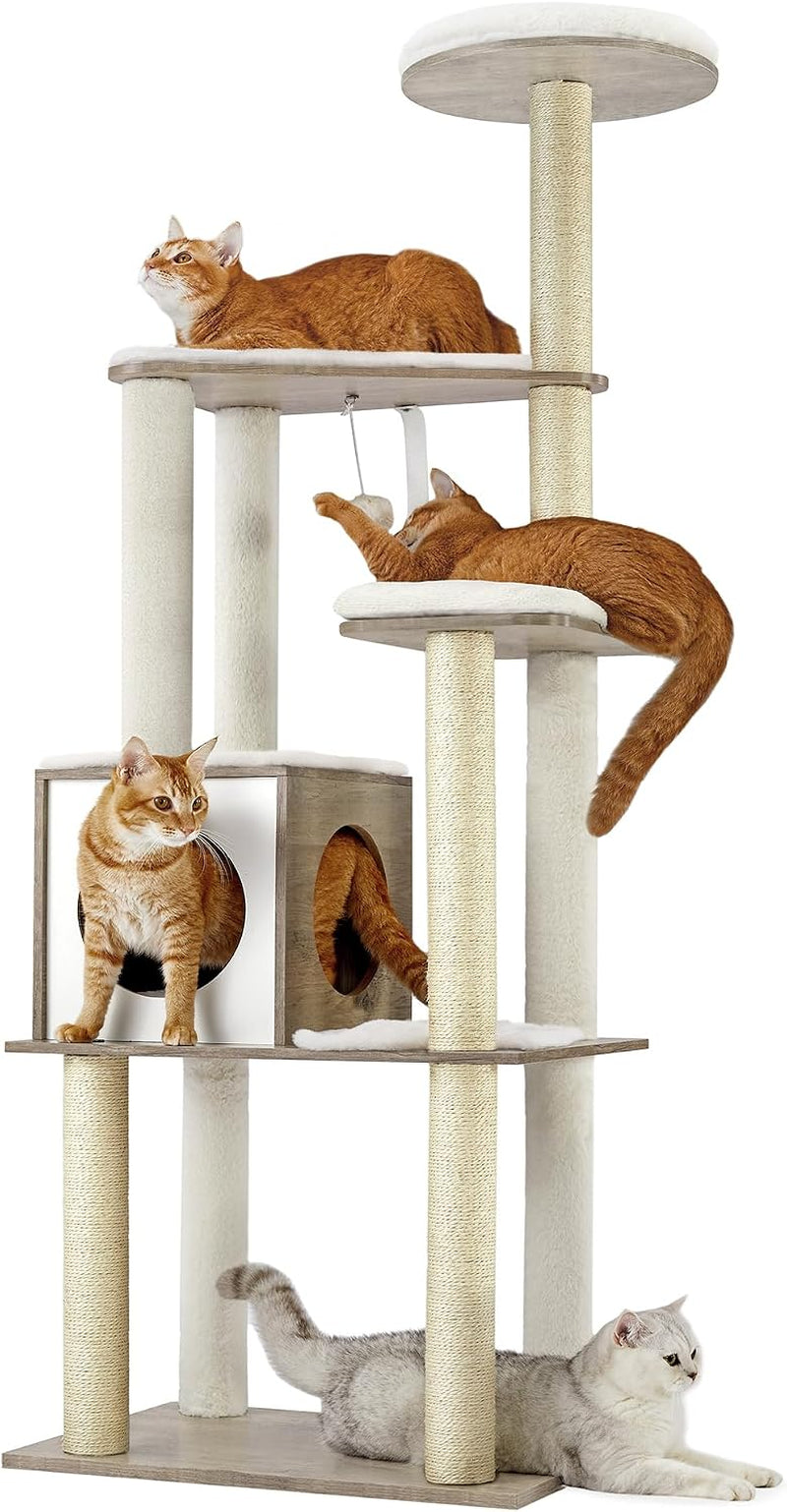 Cat Tree, 64.6-Inch Multi-Level Tower with 5 Scratching Posts