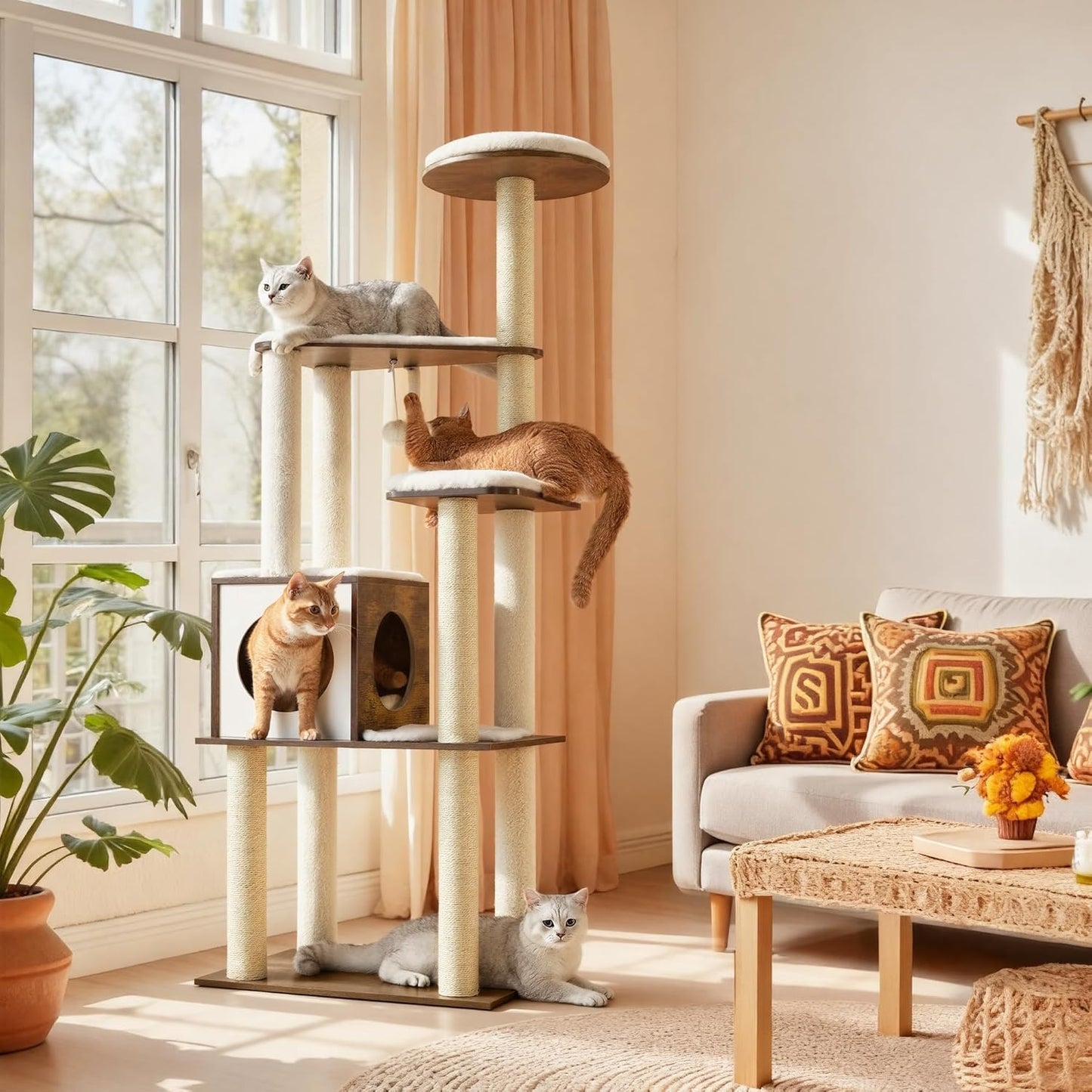 Cat Tree, 64.6-Inch Multi-Level Tower with 5 Scratching Posts
