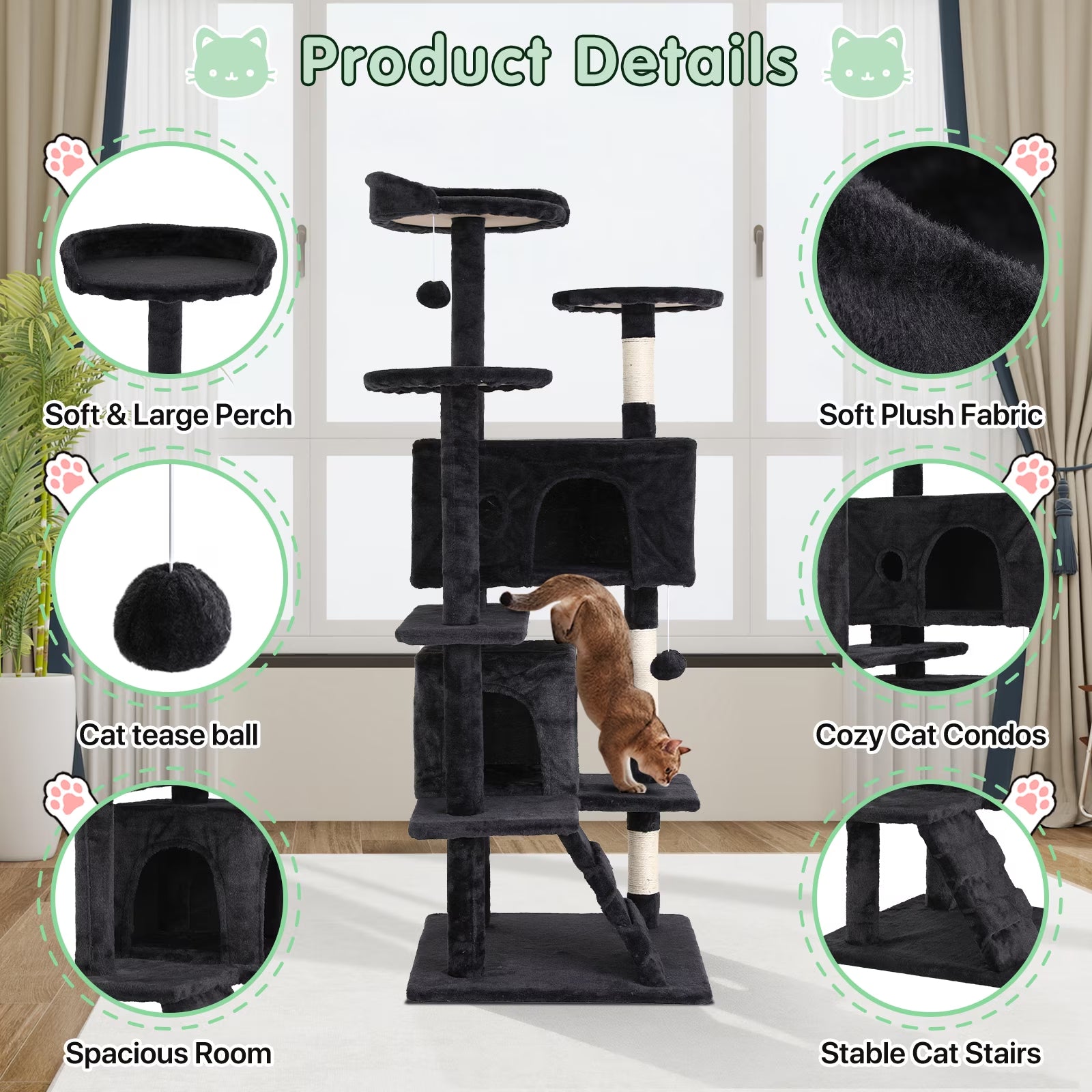 70" Cat Tree Cat Condo Cat Trees and Towers Multi-Level Activity Center Cat Playhouse with Sisal Scratching Posts & Perch for Kittens, Easy to Assemble, Dark Gray