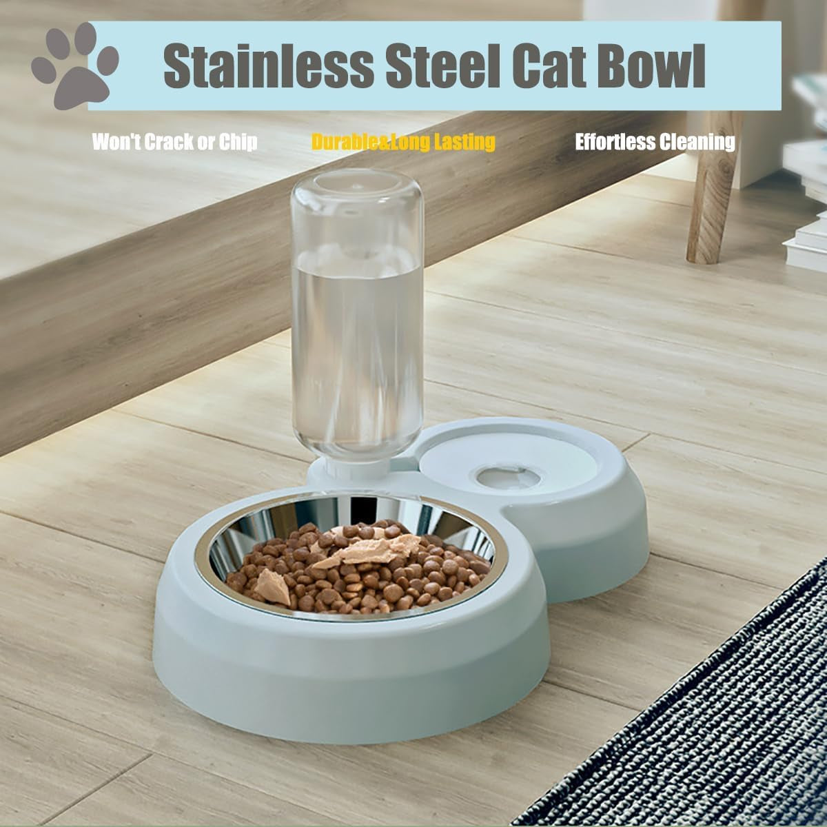 2 in 1 Dog Cat Food and Water Bowl Set with Auto-Water Dispenser, Blue