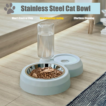 2 in 1 Dog Cat Food and Water Bowl Set with Auto-Water Dispenser, Blue