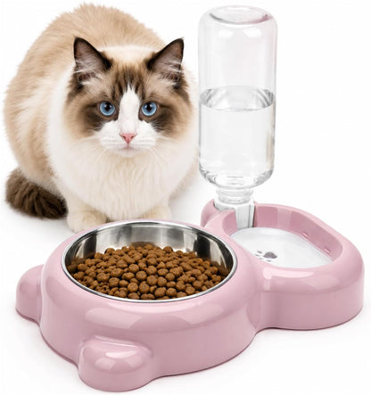 2 in 1 Dog Cat Food and Water Bowl Set with Auto-Water Dispenser, Blue