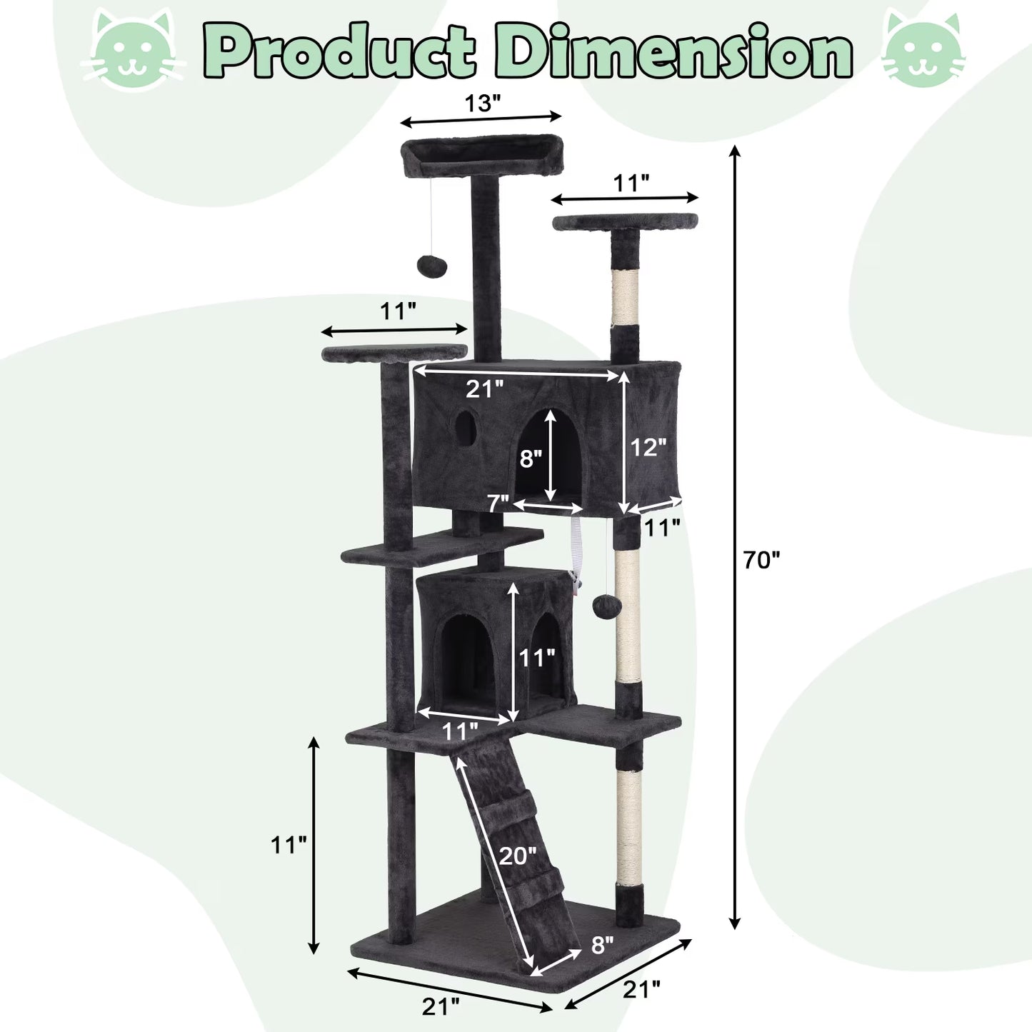 70" Cat Tree Cat Condo Cat Trees and Towers Multi-Level Activity Center Cat Playhouse with Sisal Scratching Posts & Perch for Kittens, Easy to Assemble, Dark Gray