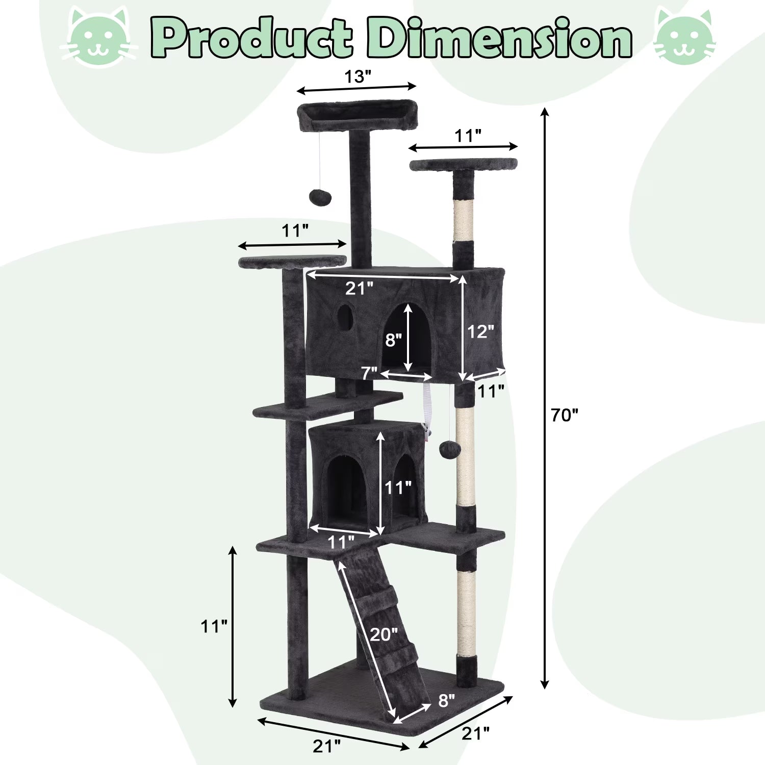 70" Cat Tree Cat Condo Cat Trees and Towers Multi-Level Activity Center Cat Playhouse with Sisal Scratching Posts & Perch for Kittens, Easy to Assemble, Dark Gray