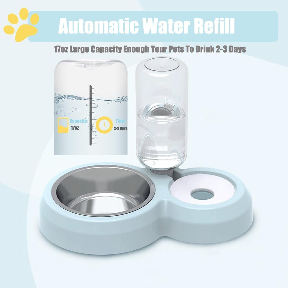 2 in 1 Dog Cat Food and Water Bowl Set with Auto-Water Dispenser, Blue