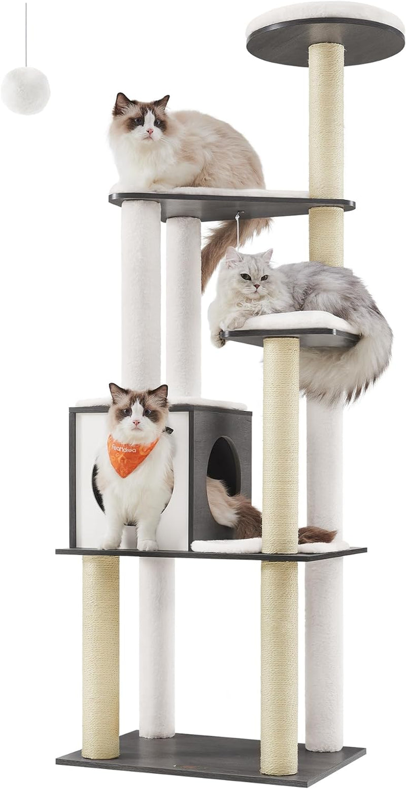 Cat Tree, 64.6-Inch Multi-Level Tower with 5 Scratching Posts
