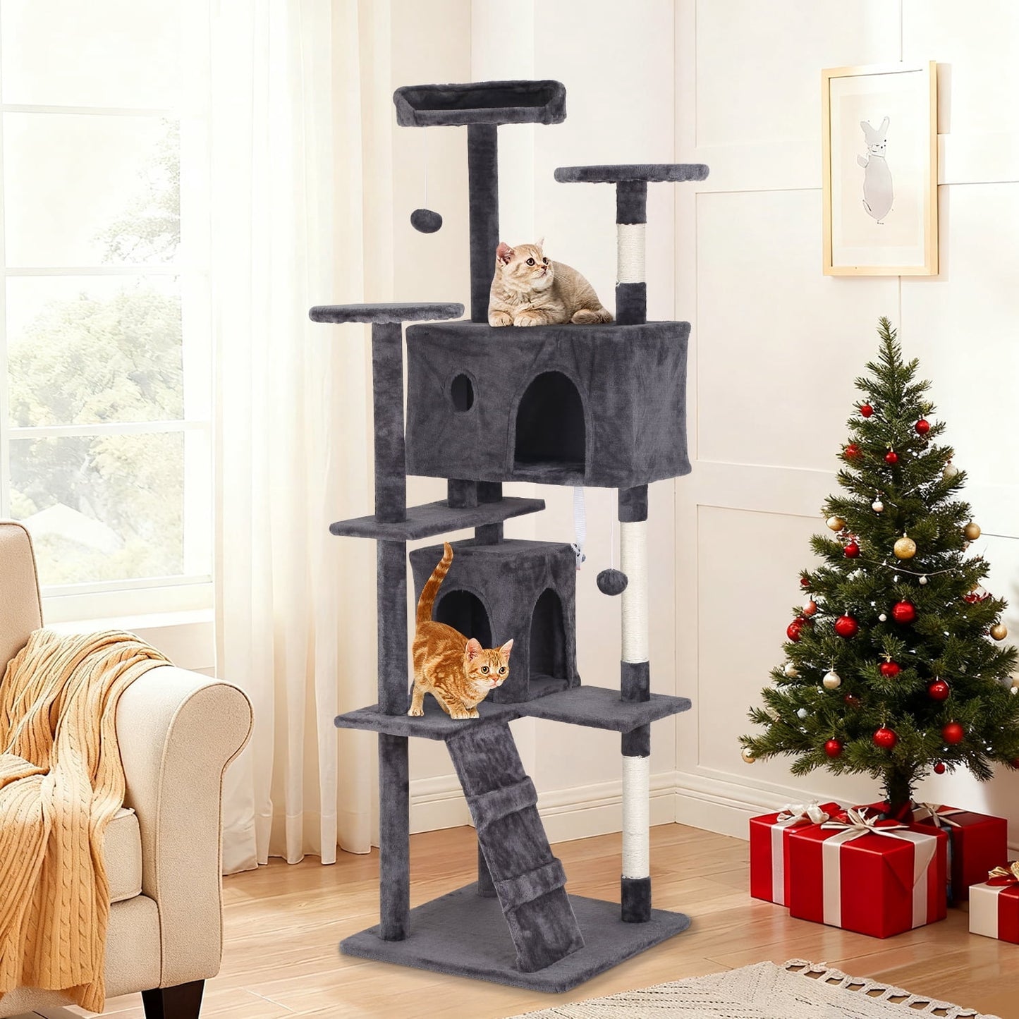 70" Cat Tree Cat Condo Cat Trees and Towers Multi-Level Activity Center Cat Playhouse with Sisal Scratching Posts & Perch for Kittens, Easy to Assemble, Dark Gray