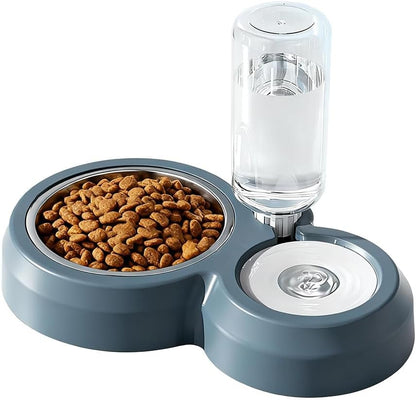2 in 1 Dog Cat Food and Water Bowl Set with Auto-Water Dispenser, Blue