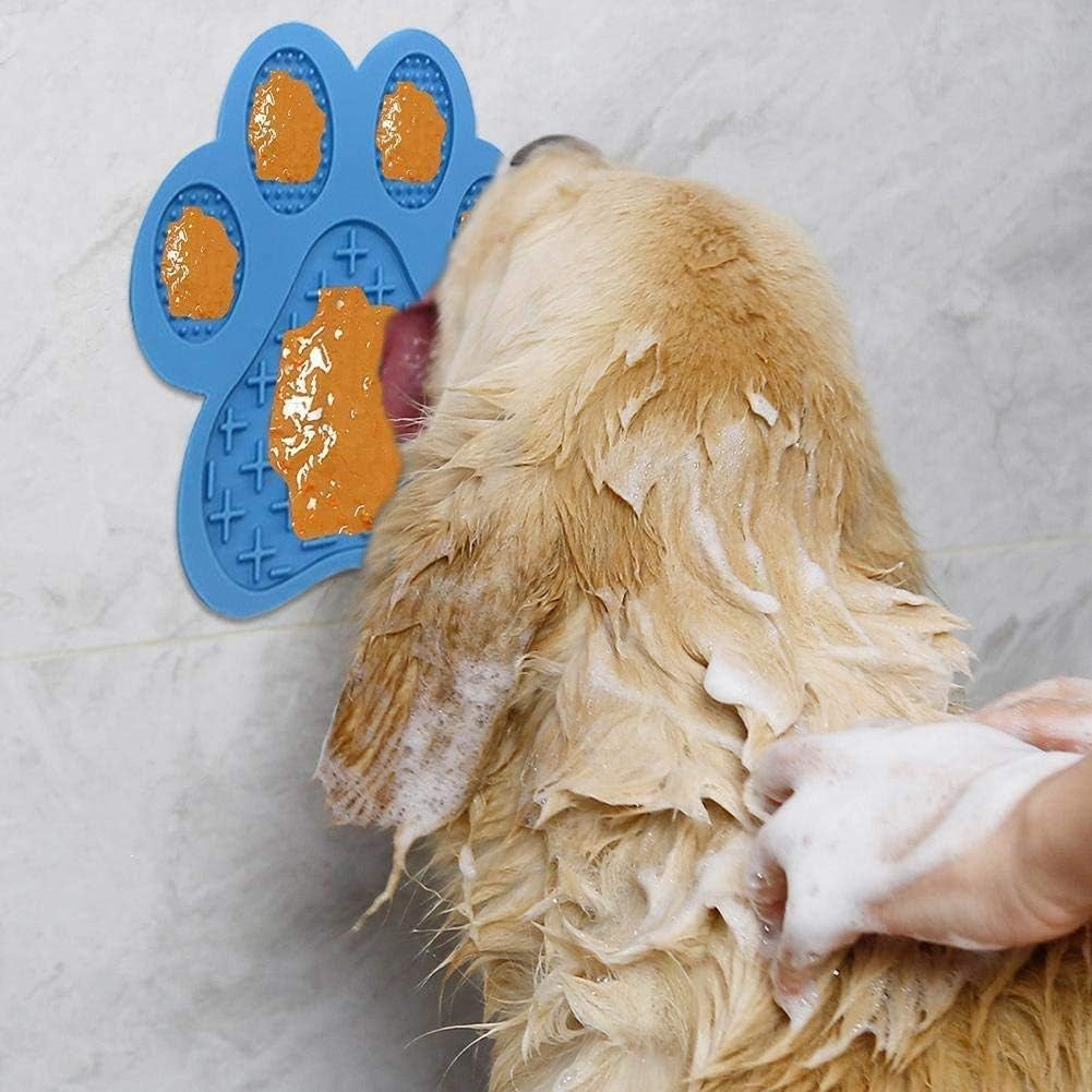 Licking Mat for Dog Anxiety - Peanut Butter Slow Feeder Bowl, Pad with Strong Suction to Wall for Pet Bathing, Grooming, and Training (Blue)