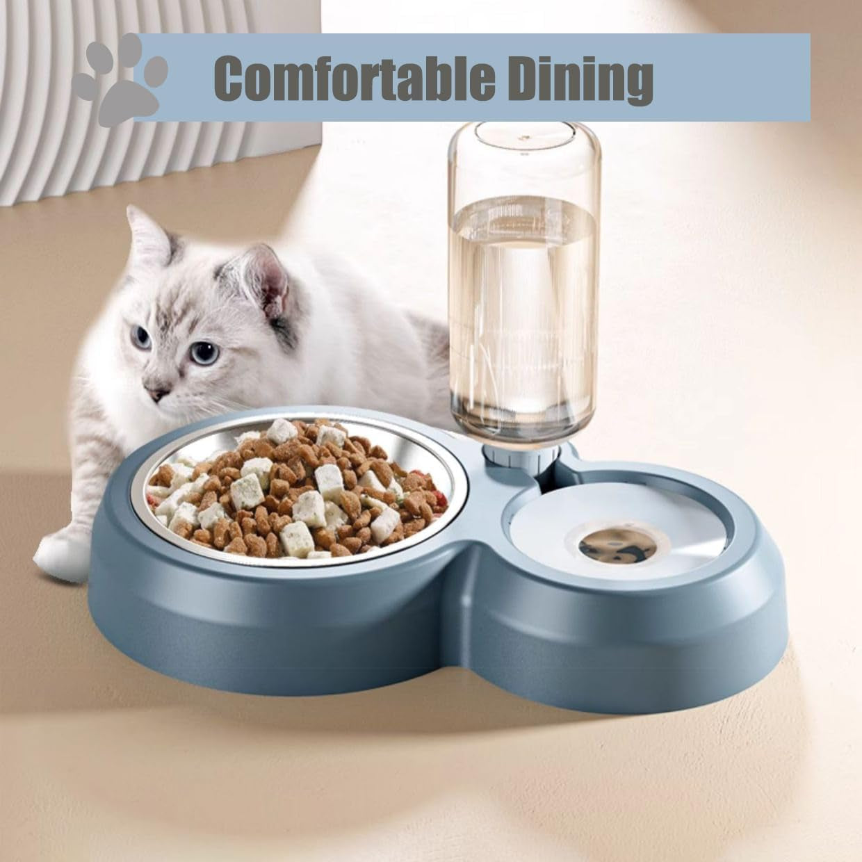 2 in 1 Dog Cat Food and Water Bowl Set with Auto-Water Dispenser, Blue