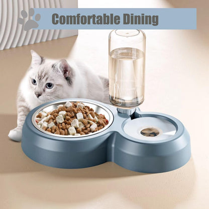 2 in 1 Dog Cat Food and Water Bowl Set with Auto-Water Dispenser, Blue