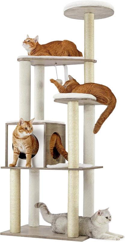 Cat Tree, 64.6-Inch Multi-Level Tower with 5 Scratching Posts
