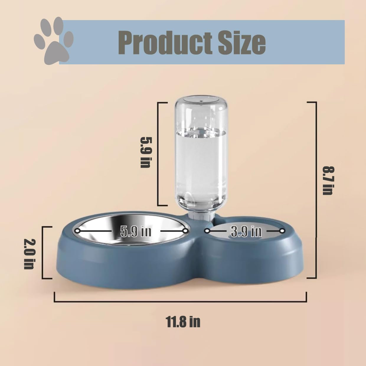 2 in 1 Dog Cat Food and Water Bowl Set with Auto-Water Dispenser, Blue