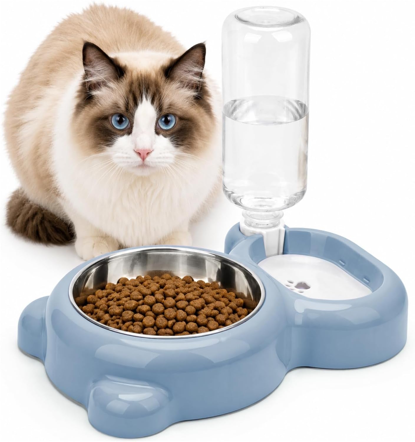 2 in 1 Dog Cat Food and Water Bowl Set with Auto-Water Dispenser, Blue