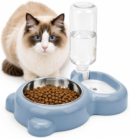 2 in 1 Dog Cat Food and Water Bowl Set with Auto-Water Dispenser, Blue