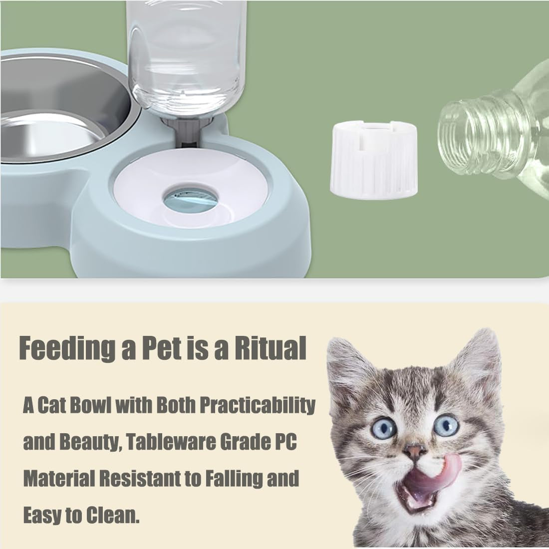 2 in 1 Dog Cat Food and Water Bowl Set with Auto-Water Dispenser, Blue