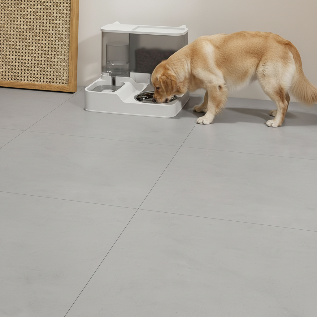 Dog using automatic pet feeder and water dispenser